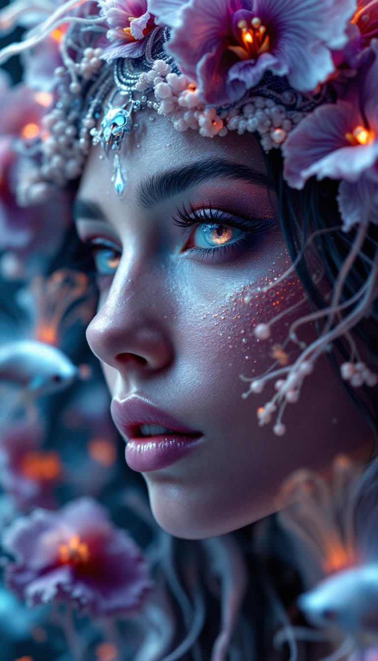 AI generated: Goddess close-up portrait ribcagel. jellyfish phoenix head, nautilus, orchid, skull, betta fish, bio...