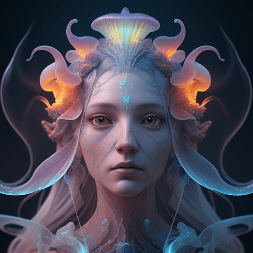 AI generated: Goddess close-up portrait ribcagel. jellyfish phoenix head, nautilus, orchid, skull, betta fish, bio...