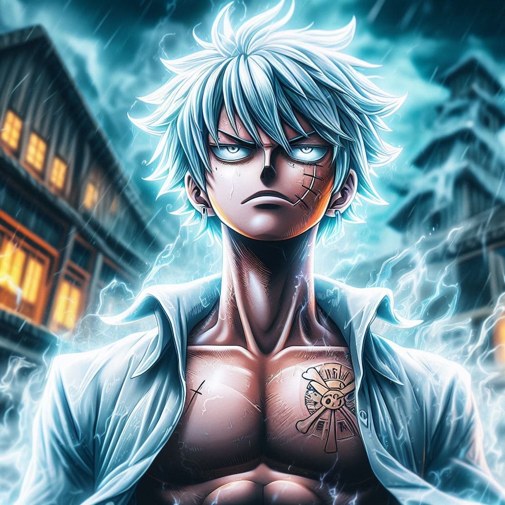 AI generated: a badass Luffy with shiny white hair and white aura around him, shiny white eyes, cross scar on the ...