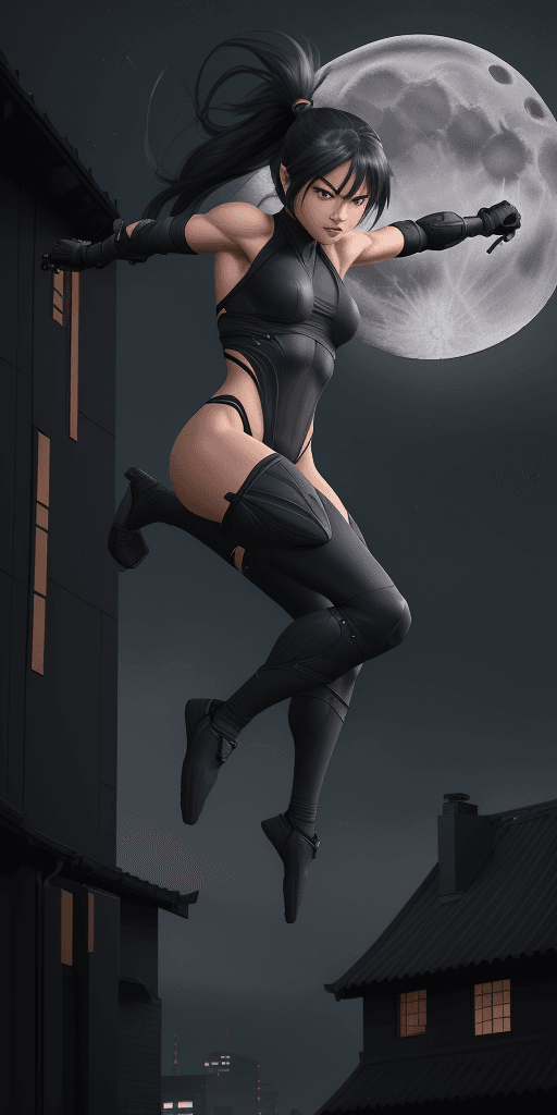 AI generated: Full-body shot, A fierce and agile ninja girl, dressed in black stealth attire, leaping through the ...