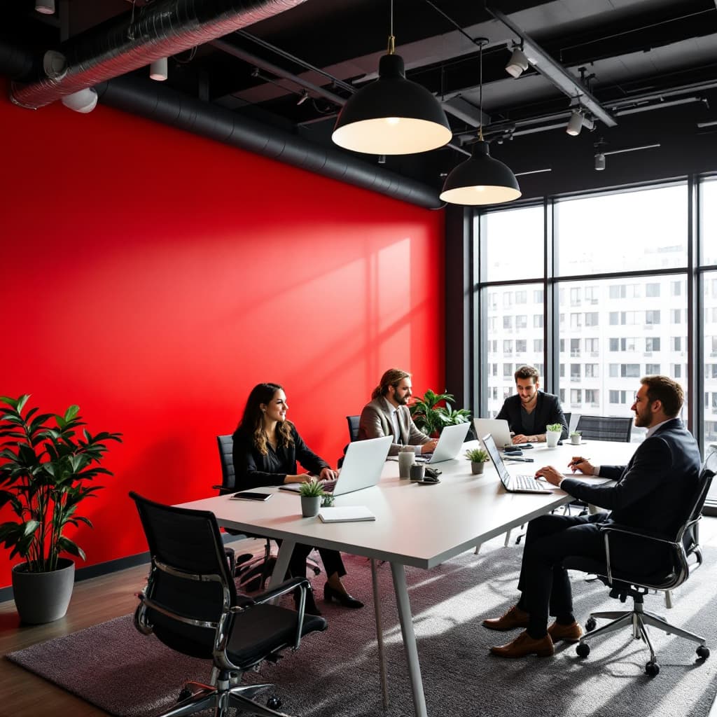 AI generated: DIVERSE GROUP OF TAX PROFESSIONALS IN A MODERN OFFICE THAT HAS A RED WALL 