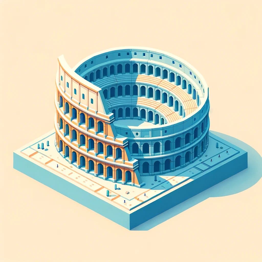AI generated: Minimalistic isometric Blender 3D model of a blue and light orange Roman Coliseum | designed as an M...
