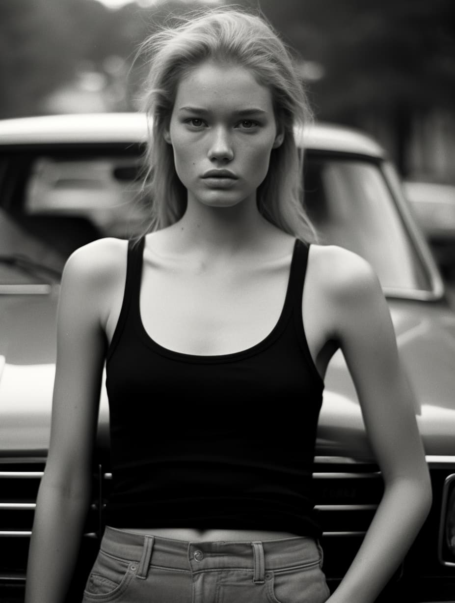 AI generated: a black and white photo of a woman in a tank top, in style of alasdair mclellan, young and slender, ...