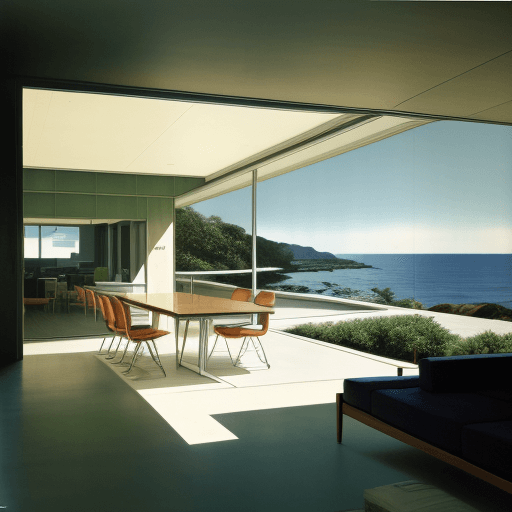 AI generated: Hyper realistic eye level exterior photo of a mid century modern style house overlooking the ocean, ...