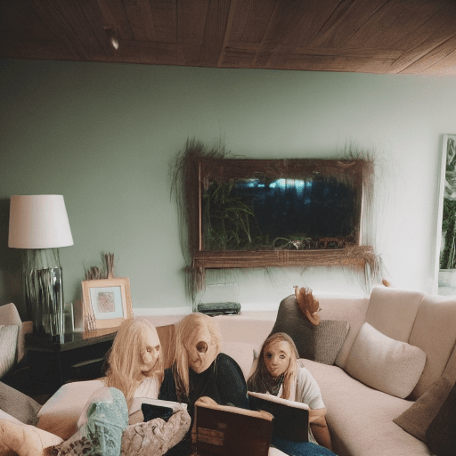 AI generated: High resolution photography interior design, dreamy sunken living room conversation pit, cute girl, ...