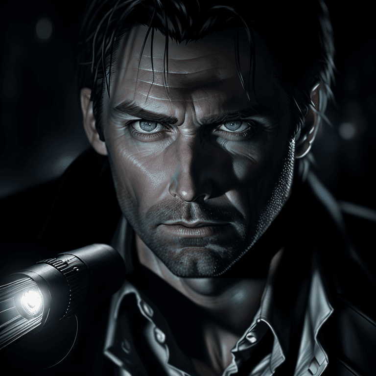 AI generated: portrait poster of alan wake, alone in the dark, holding a flashlight, sharp focus, ultra photo real...