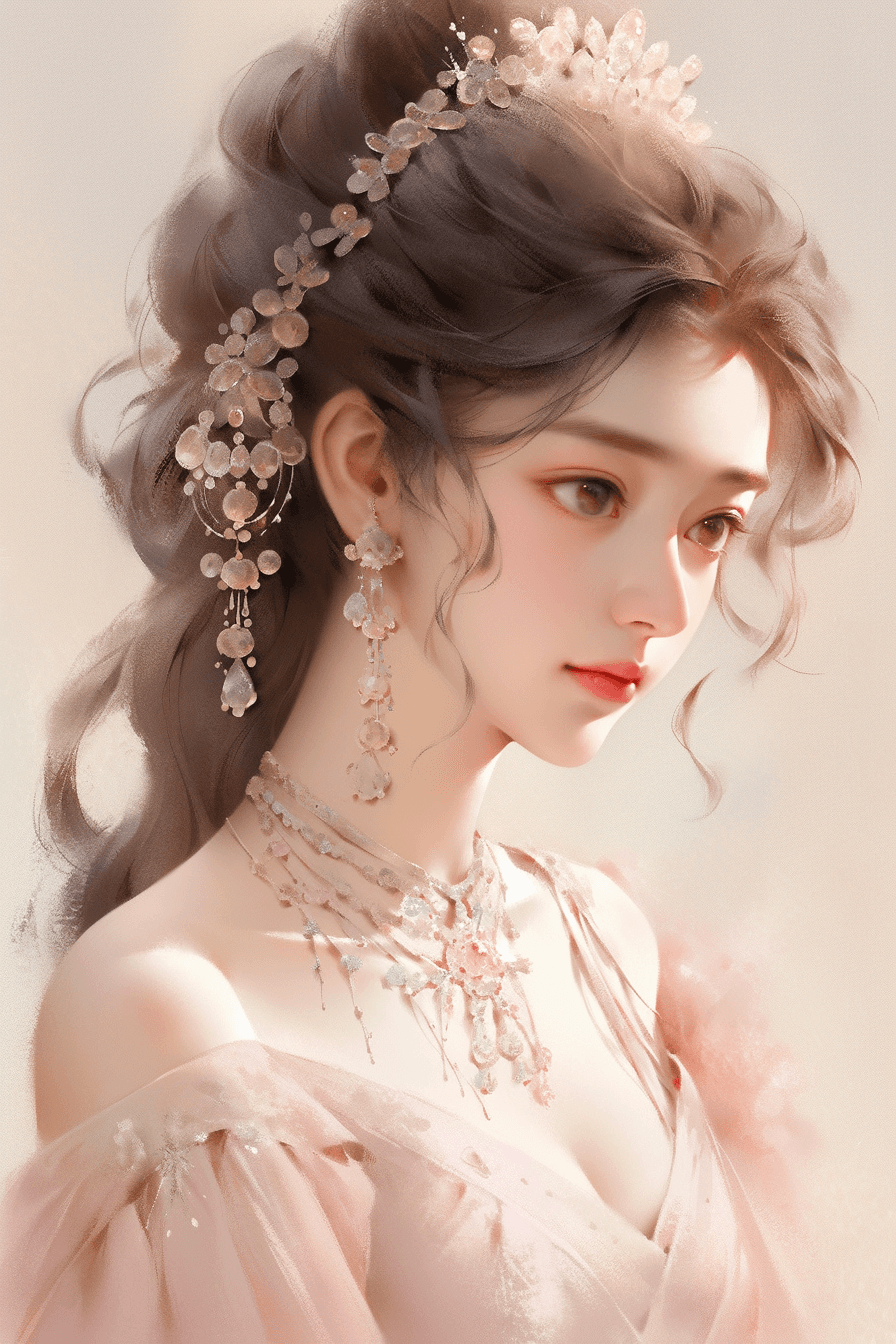 AI generated: Waist up, Pan Shot of a elegant and graceful girl, Xianxia style, with delicate makeup, impressionis...