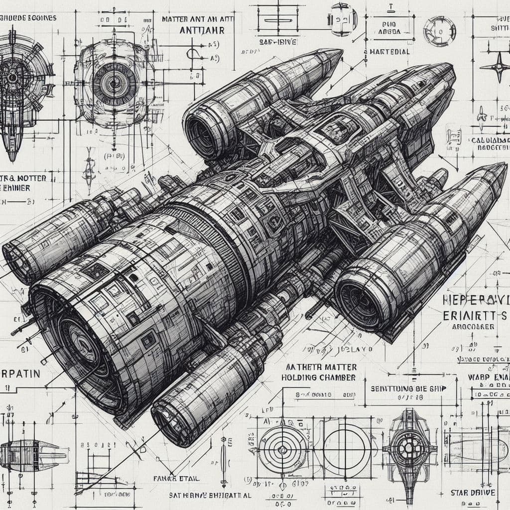 AI generated: sketches, blueprint of futuristic, sci fi, hyperdrive engines, repair, matter and anti matter holdin...