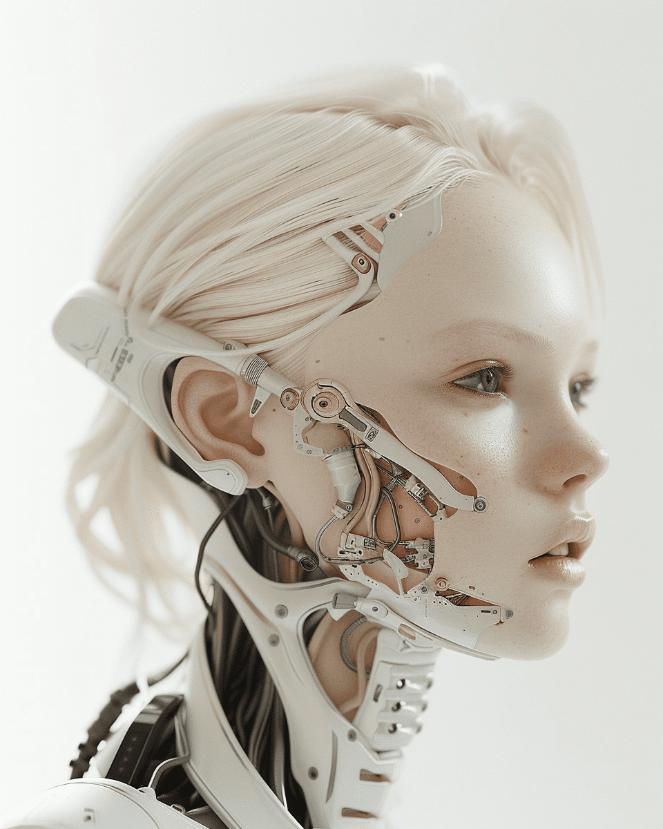 AI generated: A photo of an attractive blonde woman with visible robotic elements in her face and neck. She has wh...