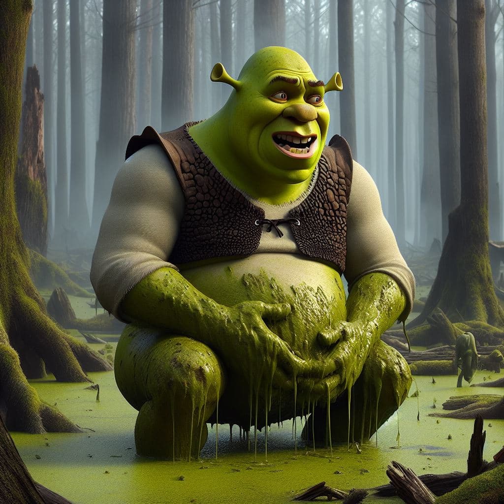 AI generated: Shrek extremely constipated in the realistic swamp