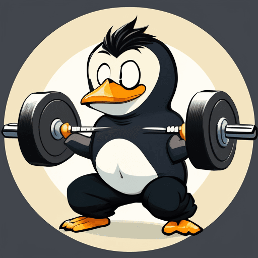 AI generated: A logo in a cartoon style of a penguin with abs lifting a barbell in a power clean position. His fac...