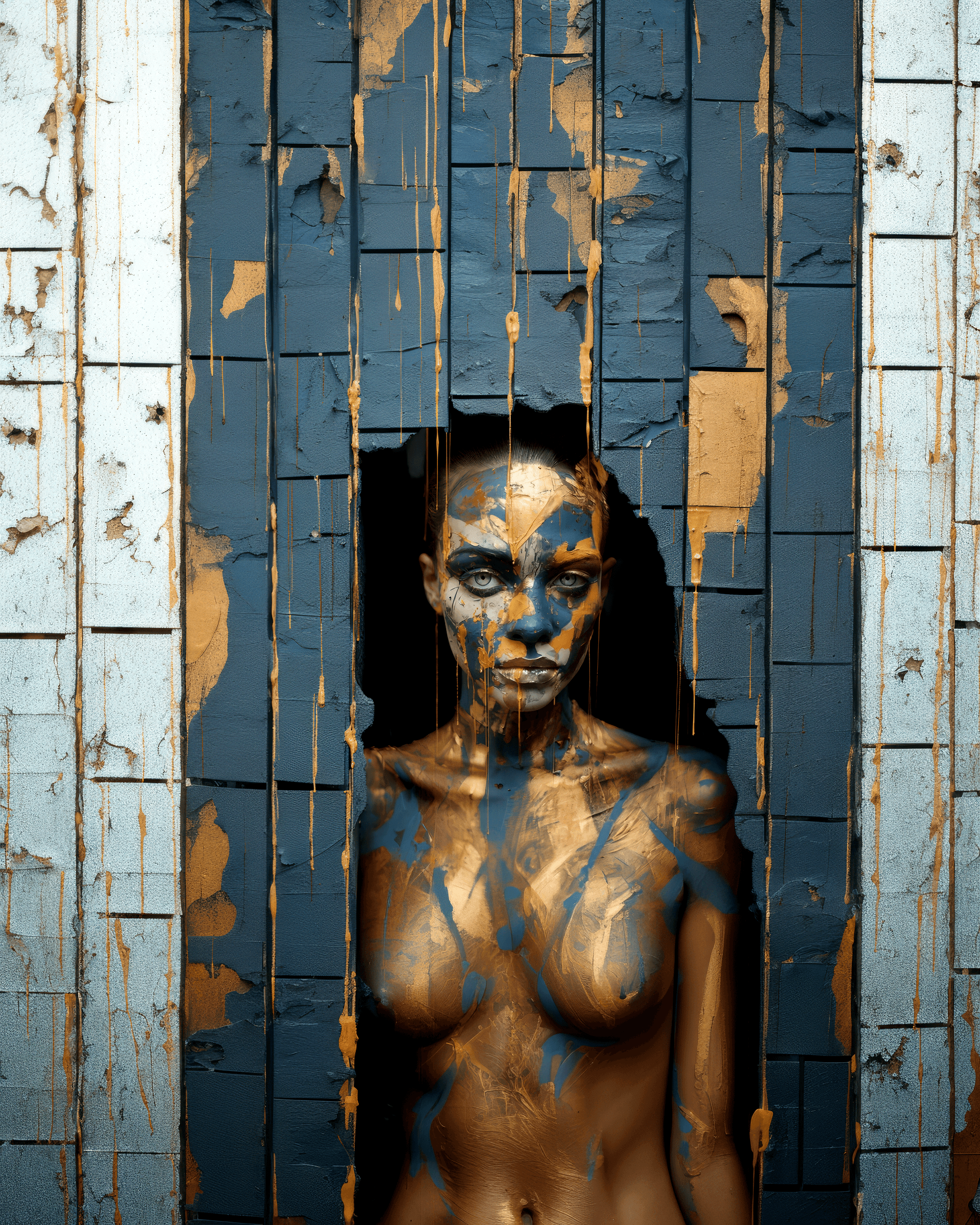 AI generated: hysterical woman wearing with painted on eyes, in the style of bronze and amber, body casts/body pri...