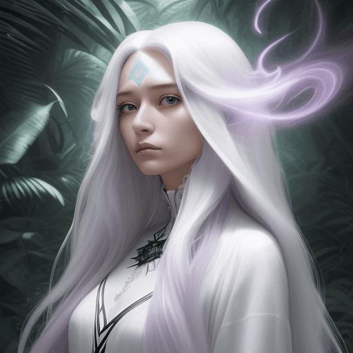 AI generated: a wizard woman with long hair in white, in the style of enigmatic tropics, fantastic realism, light ...