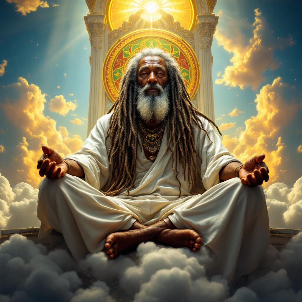AI generated: A stunning, ultra-realistic cinematic image of a colossal 100-foot-tall Rastafarian elder seated in ...