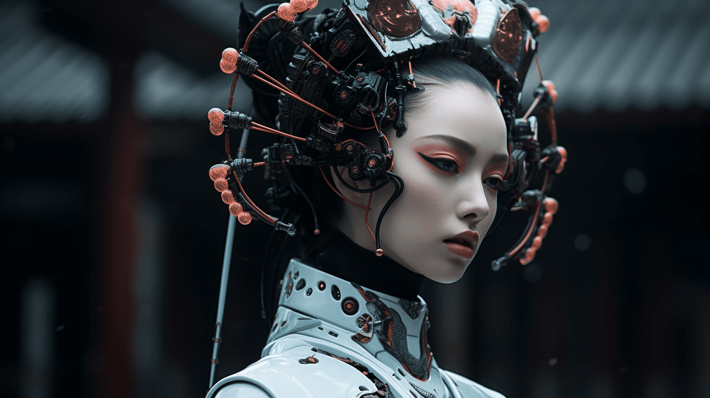 AI generated: photo of a geisha, cyberpunk aesthetic, realistic skin, cybernetics --style raw --v 5.2 --ar 16:9
