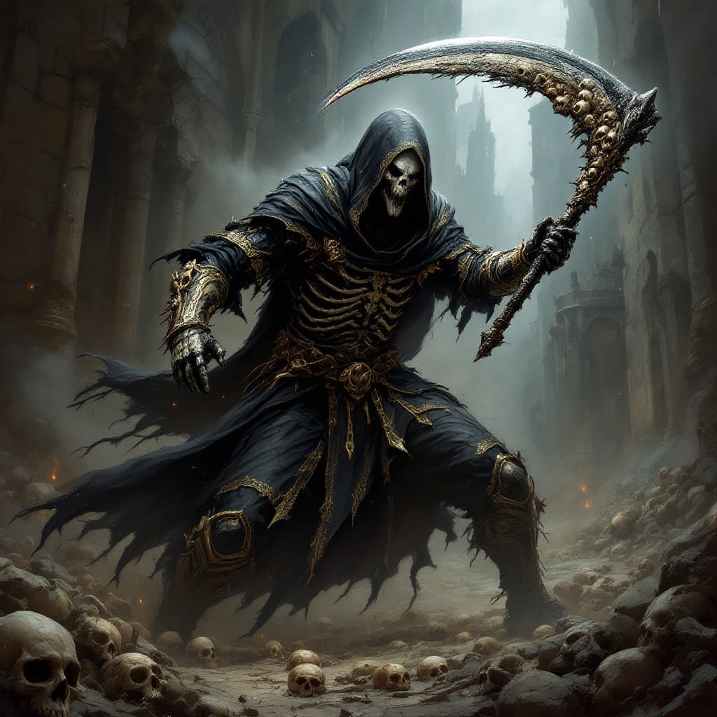 AI generated: painting in the style of a dark fantasy artist of the grim reaper fighting in full plate armor, swin...