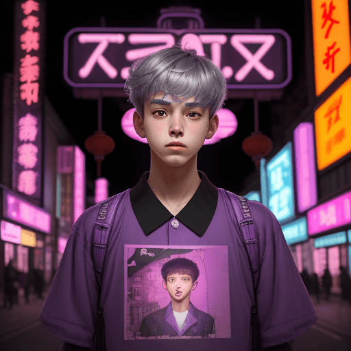 AI generated: a boy, 21 years old, in a purple in a neon city, in the style of chinapunk, iconic album covers, sof...