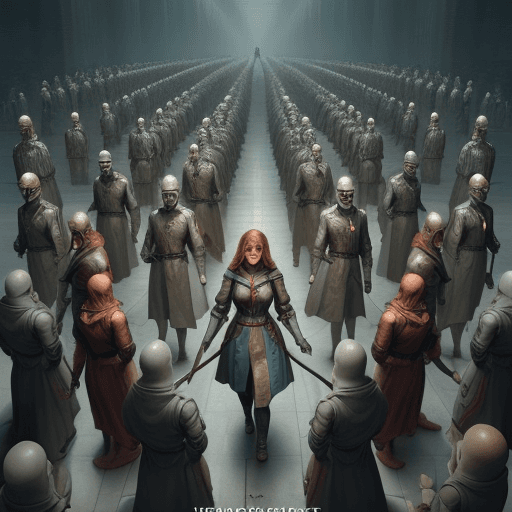 AI generated: Echoes of Obedience: Illustrate NPC surrounded by a sea of identical characters, all echoing the sam...
