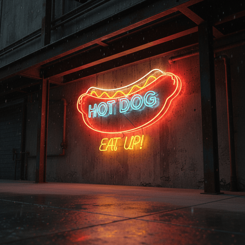 AI generated: A neon sign vibrant with life, showcasing a HOT DOG design hanging from the roof over the pavement, ...