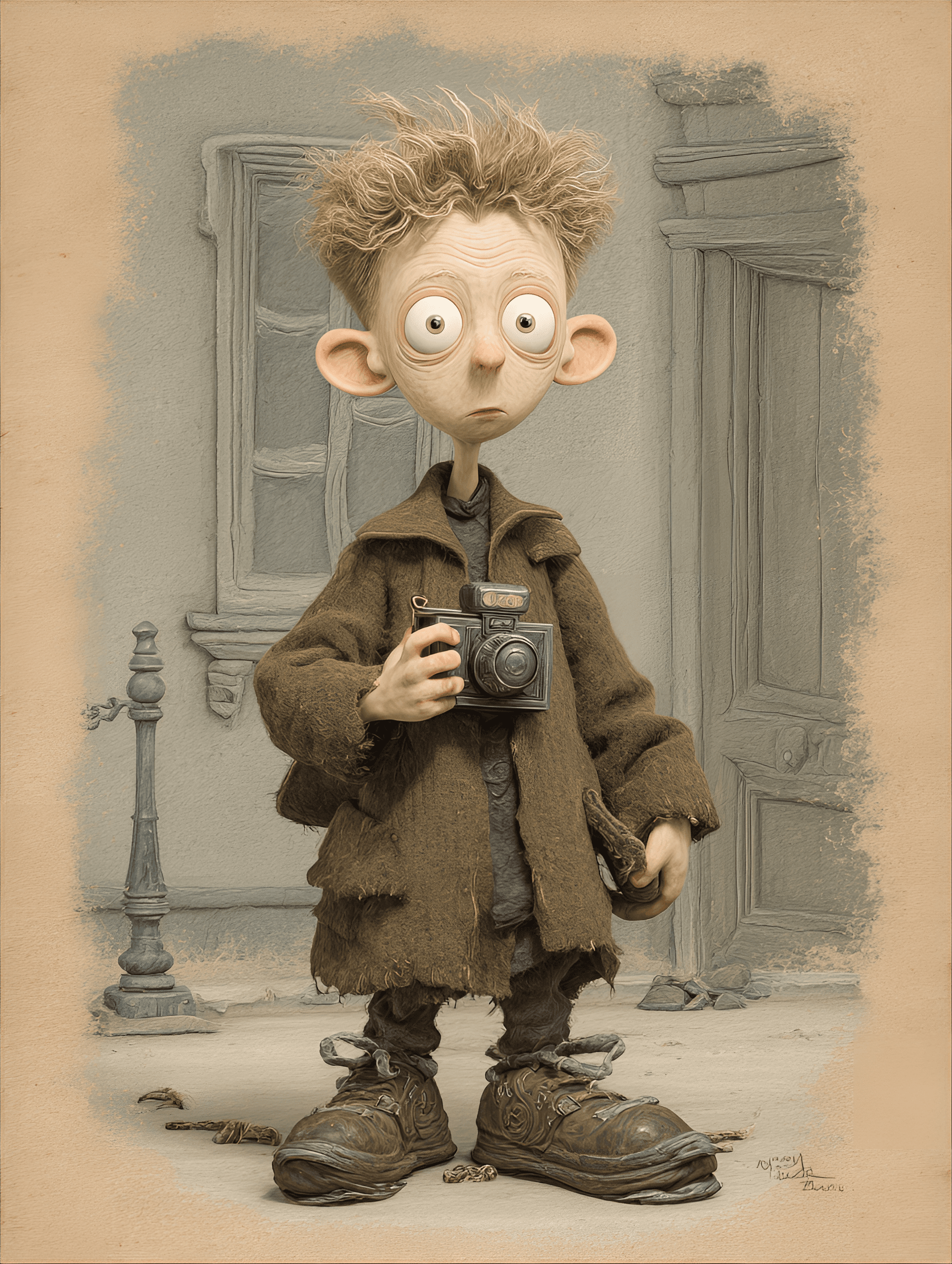 AI generated: funny caricature, haunted young boy caricature, young caucasian male, 10 years old, with wide eyes, ...