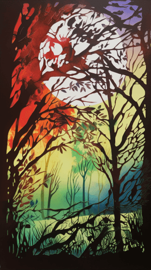 AI generated: A paper cut of a tree, with rich colors, delicate branches, Sidney Nolan, direct sunlight, lush gree...