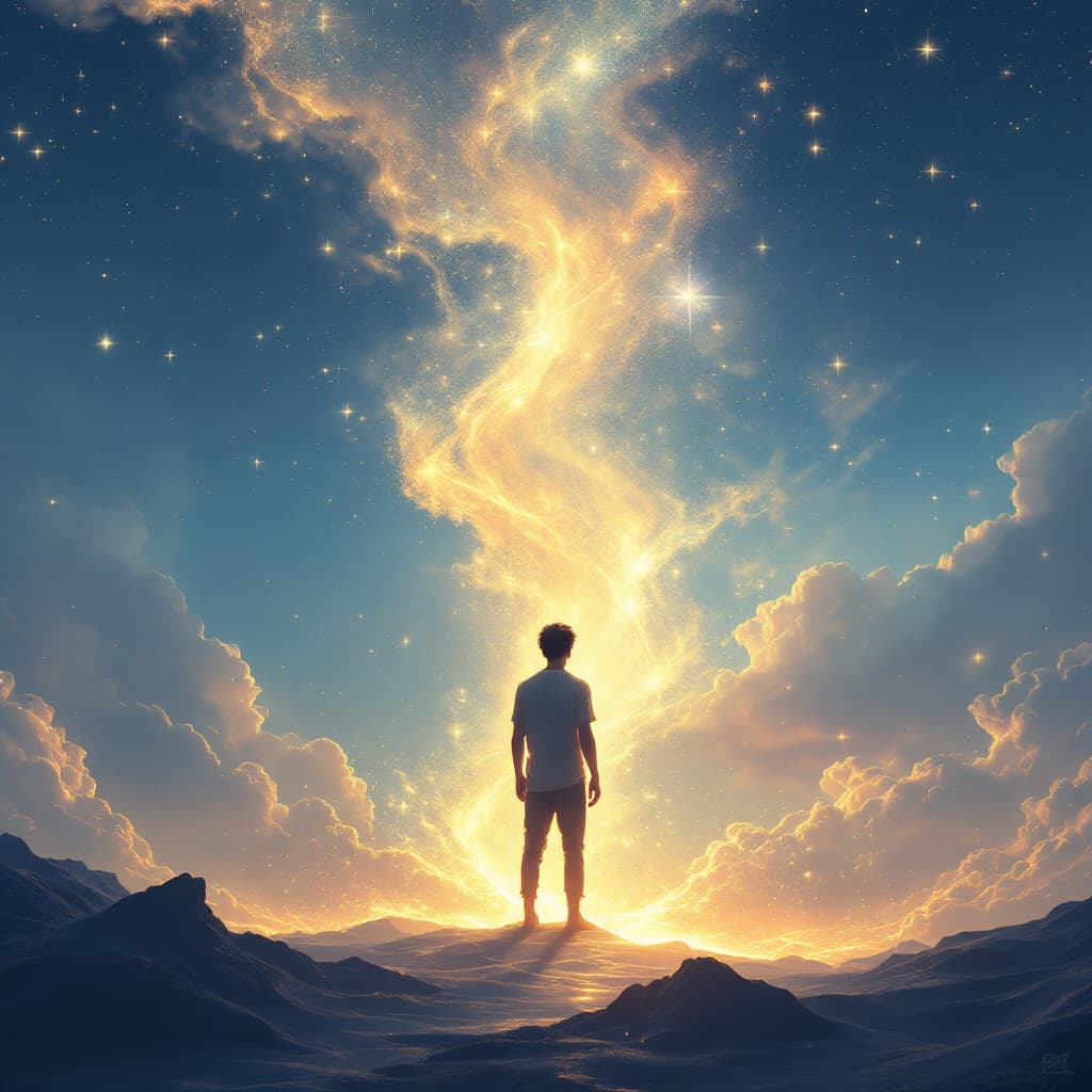 AI generated: A fragile, emotional young man standing under starlit skies, surrounded by glowing echoes and surrea...
