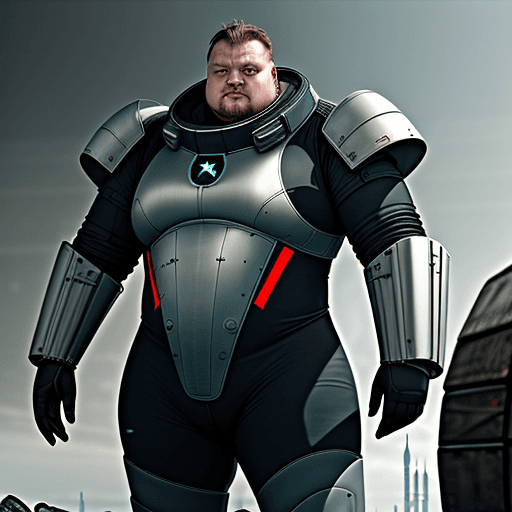 AI generated: sci-fi bild, junger mann mit Glatze und vollbart, 200kg schwer, lachend, fröhlich, verrückt, 8k