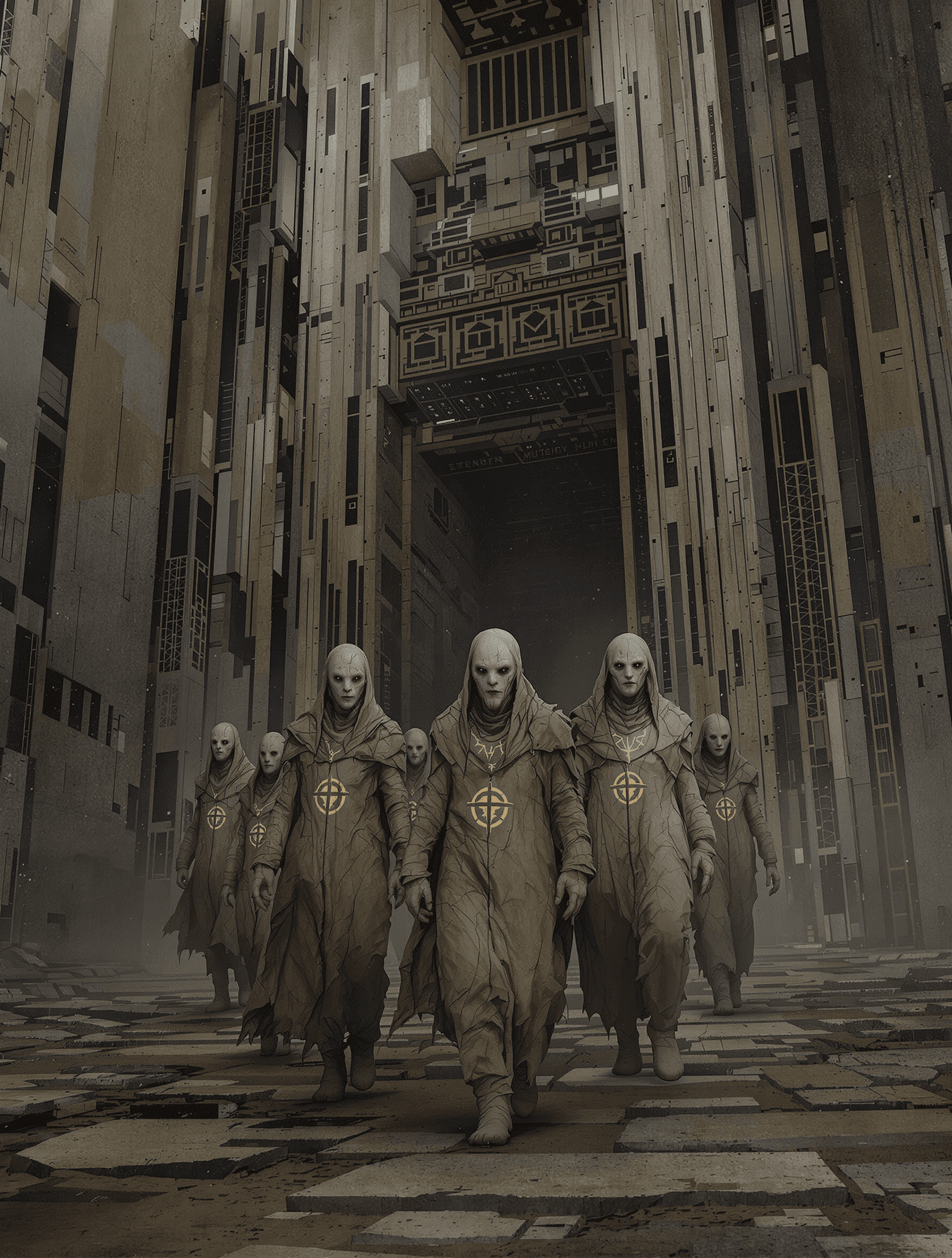 AI generated: /Artprompt Sci-fi, create a dystopian futuristic scene depicting (a group of strange mystical beings...