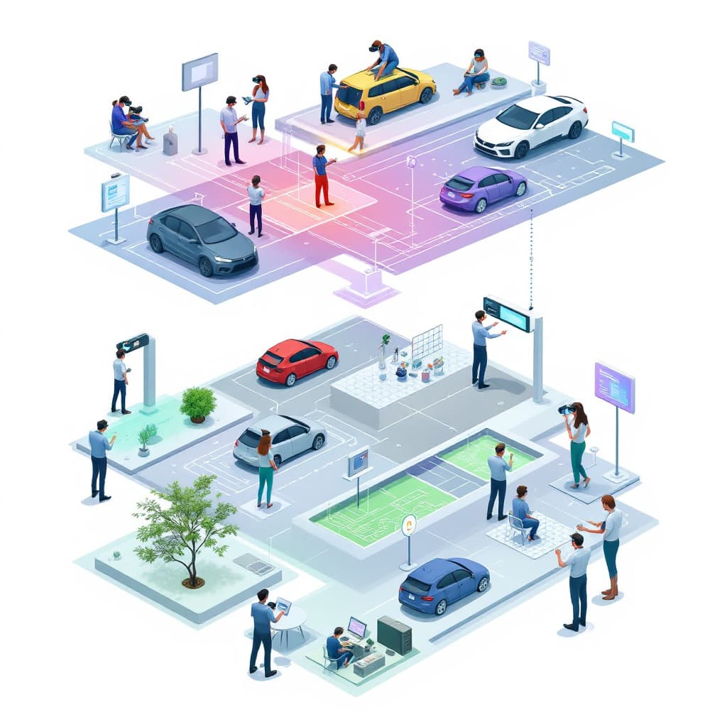 AI generated: A high-resolution image showing immersive 3D environments with virtual cars, engineers with VR heads...