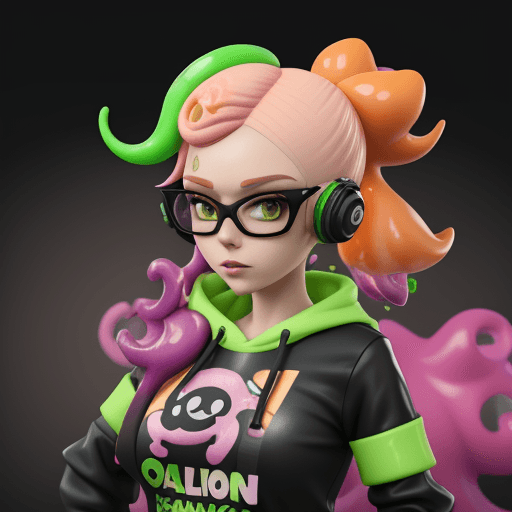 AI generated: splatoon 3 character, 3d model, adult lady, street style, unreal engine 5, green slime melt, pink an...