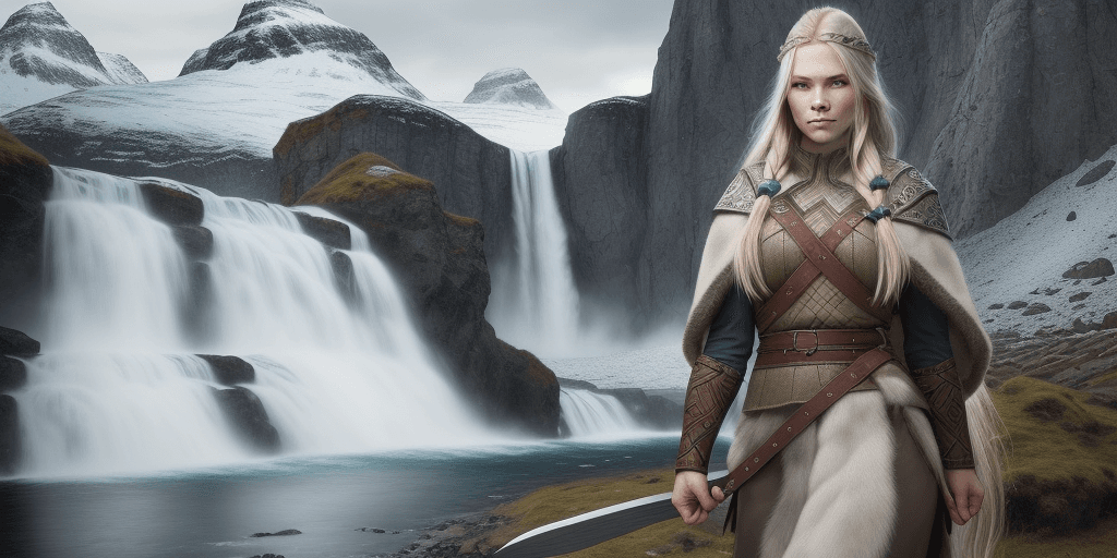 AI generated: beautiful nordic viking princess, she is in her homeland with beautiful mountains and waterfall