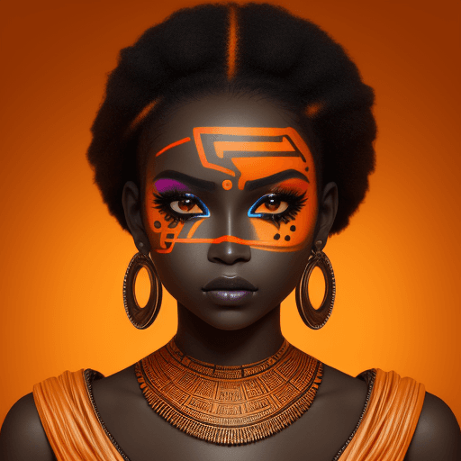 AI generated: girl, dark skin color, orange neon makeup all over her face, African outfit, against the background ...