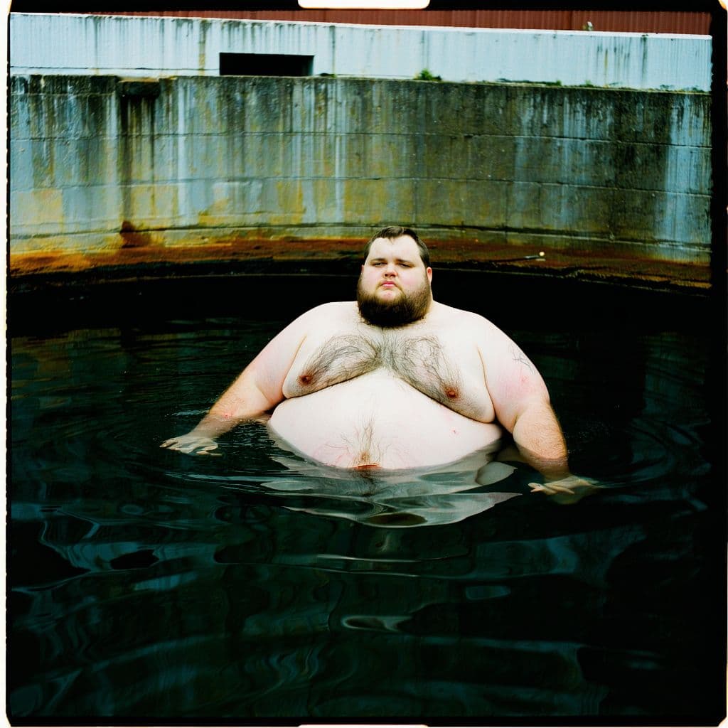 AI generated: Outstandingly obese man stuck in an abandoned pool, grainy 80's quality polaroid photograph, still w...