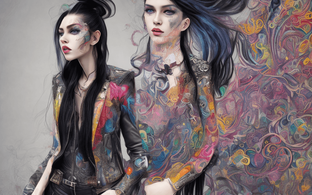 AI generated: Bright long hair remains a distinctive feature ,full body, while her outfit shows off her artistic s...