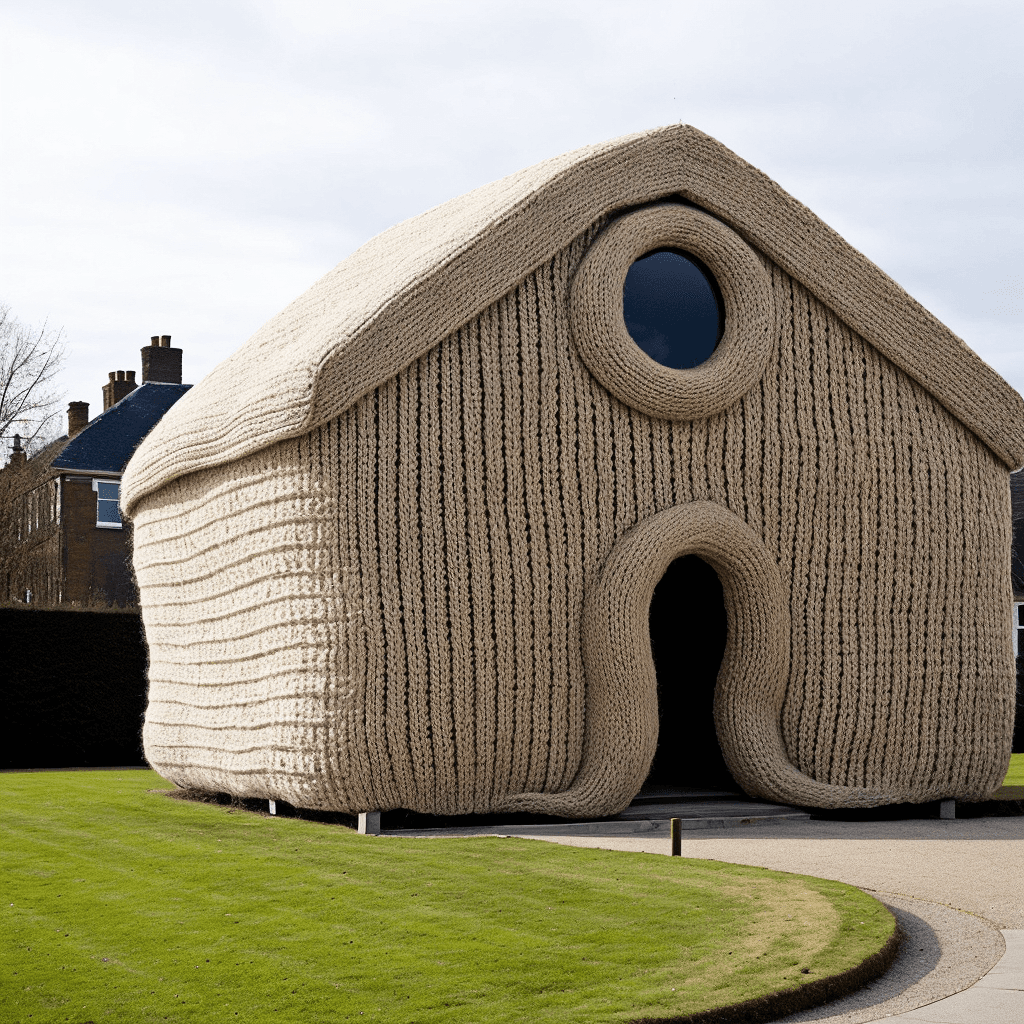 AI generated: a building made by Sheila Hicks,knitted
