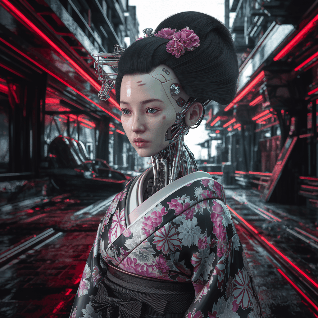 AI generated: 
High resolutions. Frontal. Hyperdetailed cyborg humanoid robot young geisha in the street of a post...