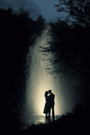 AI generated: A photograph of a couple embracing under a waterfall, during twilight with romantic lighting and sho...