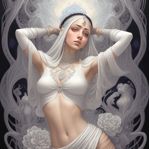 AI generated: a beautiful woman in a white crop top, in the style of light white and dark silver, hannah yata, fin...