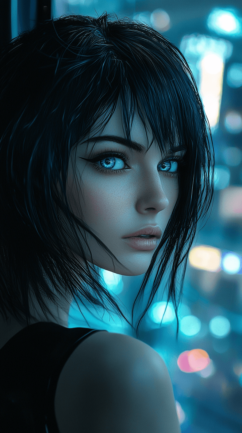 AI generated: Futuristic cityscape, half-body portrait, black-haired woman with blue eyes, interior setting, Aeon ...