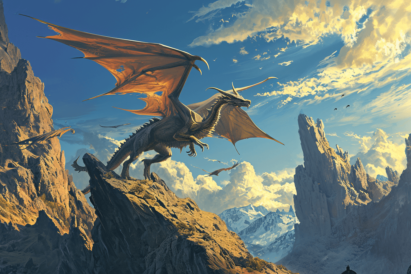 AI generated: Visualize a scene of students training on dragons, soaring high above majestic mountains. The dragon...