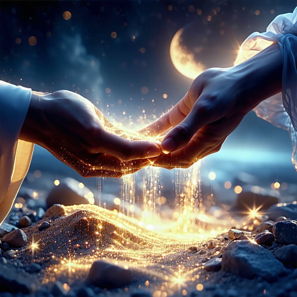 AI generated: Two hands almost touching, golden sand or light flowing between them, night sky background with star...