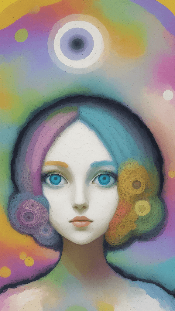 AI generated: a woman is shown with white circles surrounding her face, in the style of colorful impasto, three-di...