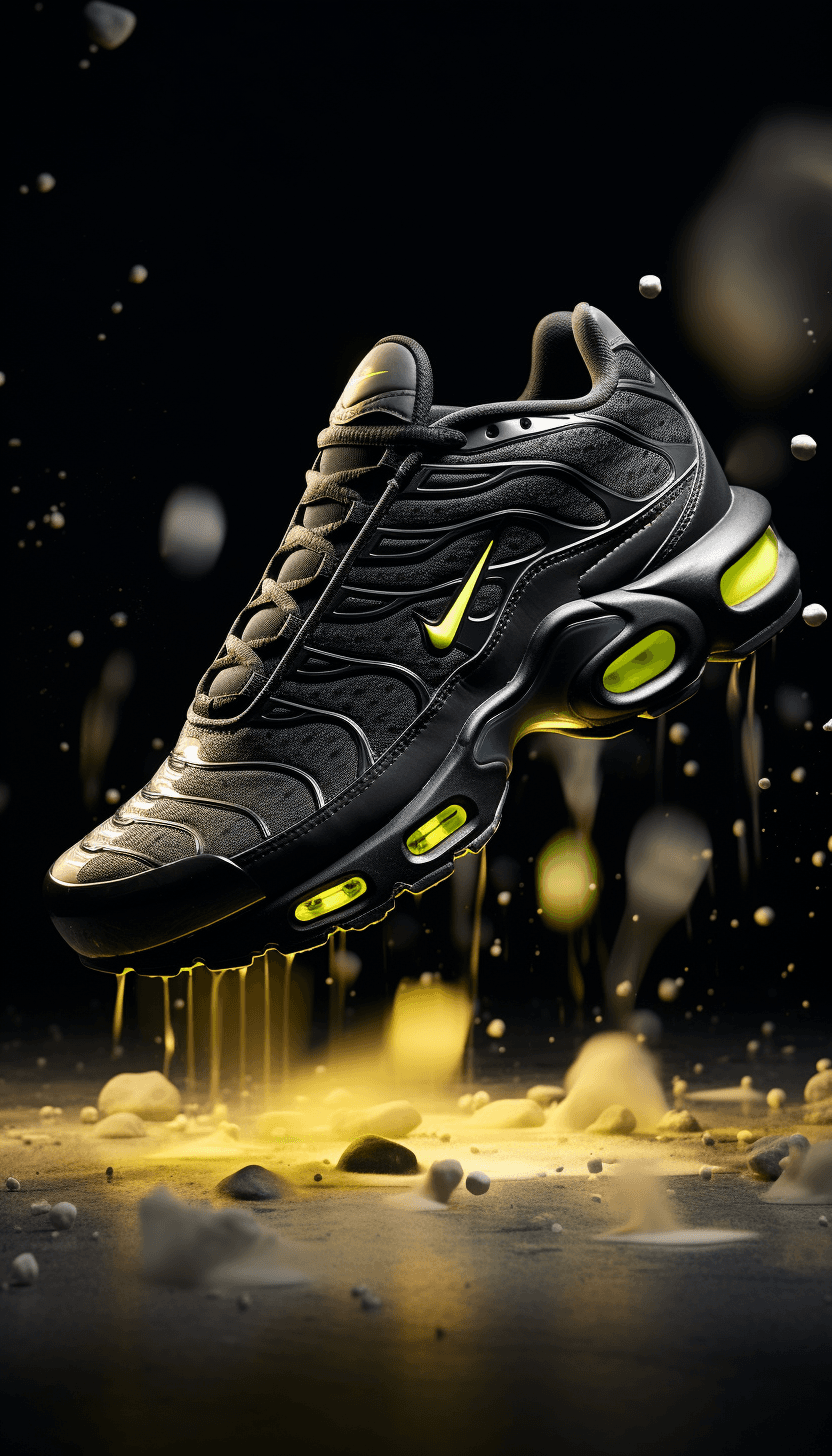 AI generated: amazing ad for air max plus black with bright phosphorescent yellow accents, the sneaker comes out o...