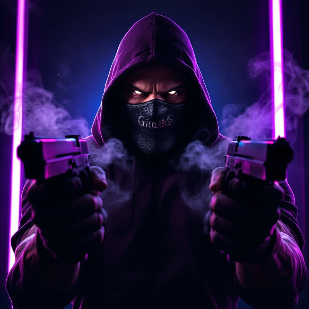 AI generated: dark with RGB neon lights background, Brutal muscle man wearing hoody, with a carbon fiber mask,hold...