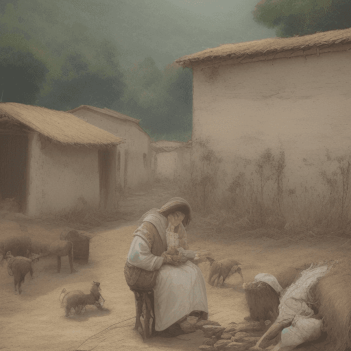 AI generated: 
A picture of a village where they are harvesting wheat and the mother is drinking tea