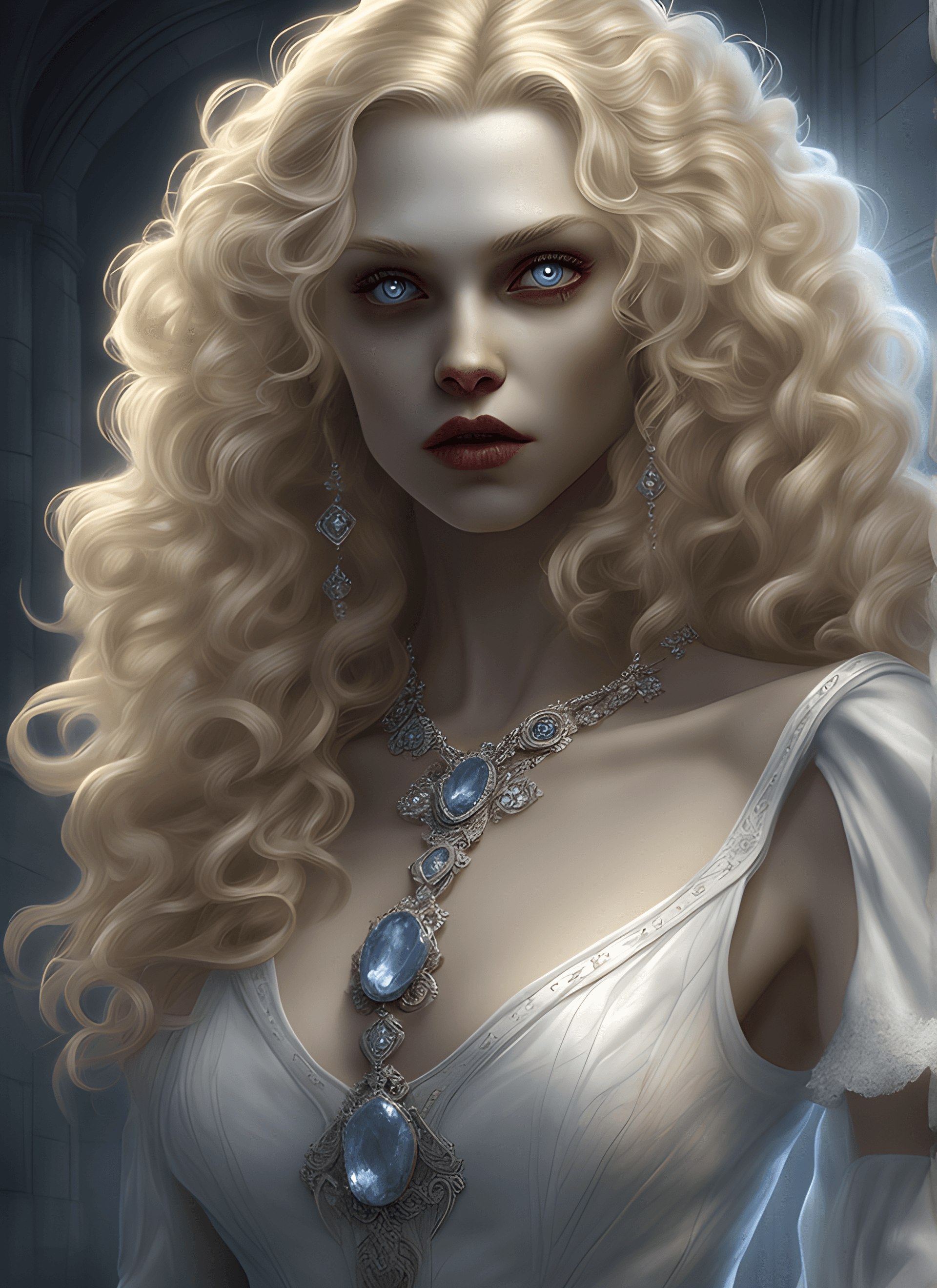AI generated: vampire blonde as can exist, with curly thick golden hair and eyes the color of pale sapphire, in a ...