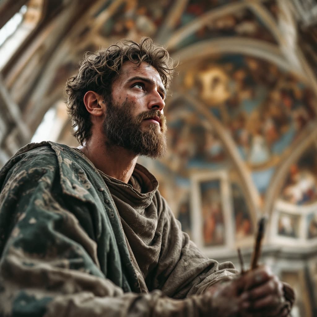 AI generated: Hyperrealistic image of a renaissance painter, intricate details, about 35 years old, bearded, this ...