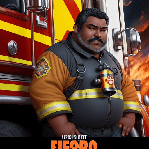 AI generated: Promotional poster  PIXAR style of a 50-year-old ligth dark-skinned firefighter with a firefither su...