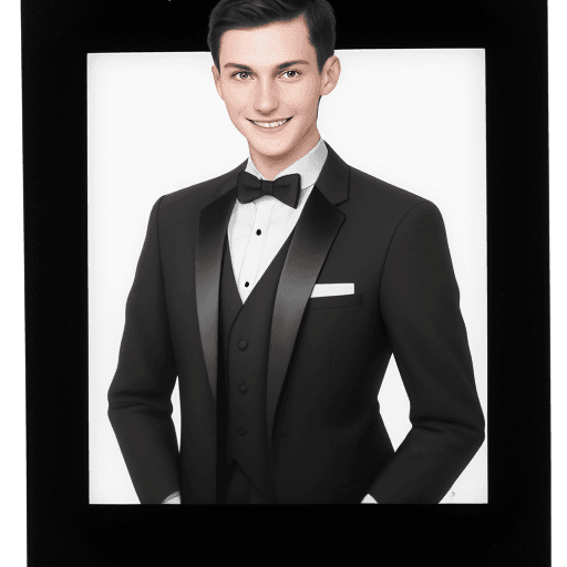 AI generated: 3/4 passport photo, young guy, in a tuxedo, smiling, white background, looking straight, small cheek...