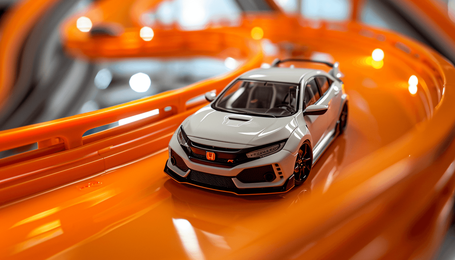AI generated: ultra realistic picture of a Honda civik type R on a orange toy hotwheels racing circuit --ar 7:4 --...